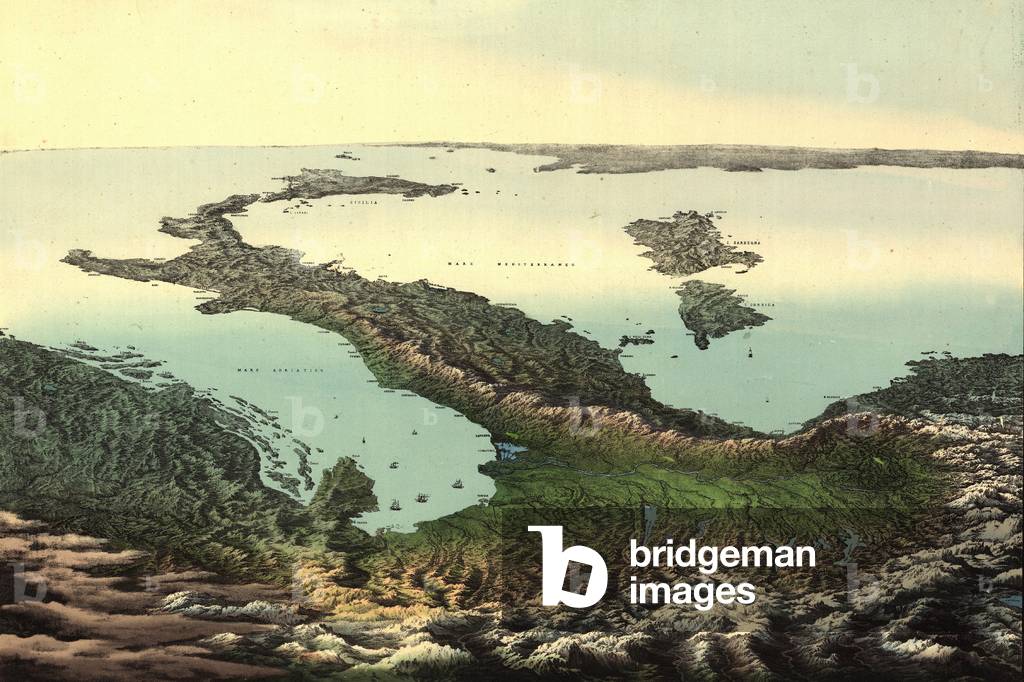 Imaginative bird's eye view of Italian peninsula looking south from the Alps. View shows Mediterranean Islands, Adriatic Coast, and North Afric. The 19th century image compares with contemporary satellite images