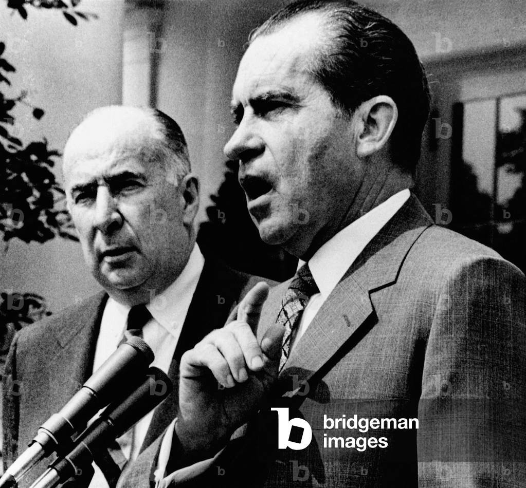 President Richard Nixon and Attorney General John Mitchell addressing a group of visiting US attorneys at the White House, June 11, 1970