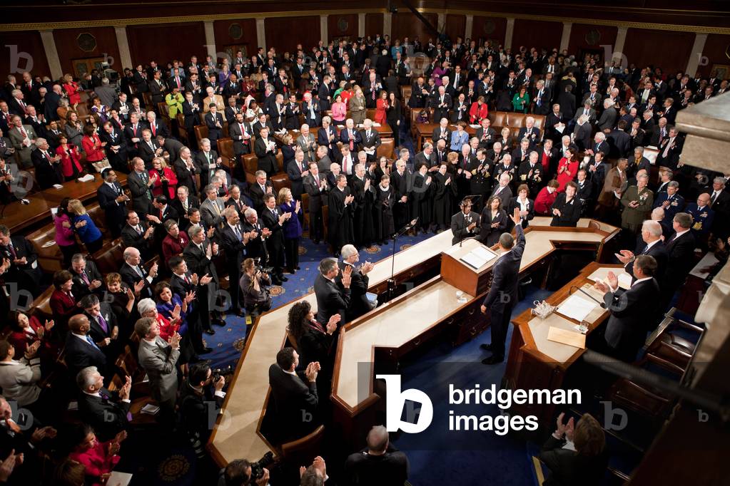 Overview of the House Chamber as President Obama waves at the conclusion of his State of the Union address at the Capitol. Jan. 25 2011. (BSWH_2011_8_139)