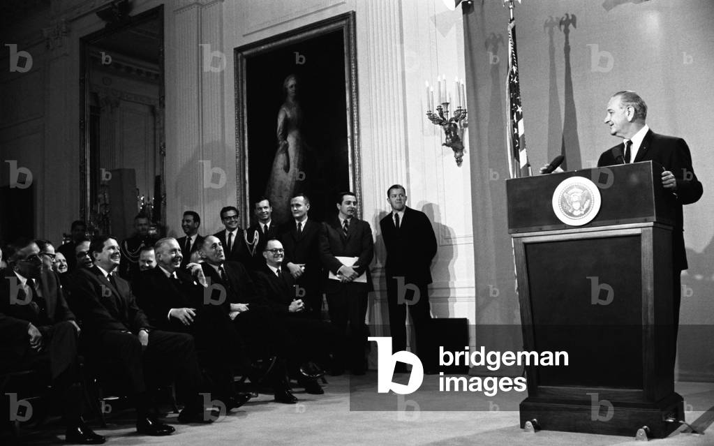 LBJ's Great Society programs. President Lyndon Johnson delivering remarks prior to signing the Public Broadcasting Act of 1967. He said it would create a 'stronger voice to educational radio and television'. Nov. 7, 1967