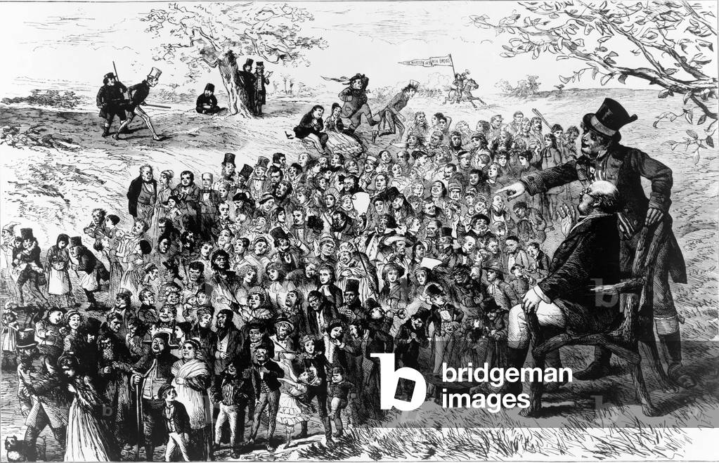 Charles Dickens' (1812-1870) characters march by an elderly man, possibly Dickens, seated in a chair