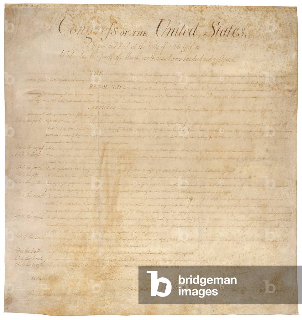The Bill of Rights. The first ten amendments to the US Constitution were adopted by the House of Representatives on August 21 1789 and ratified December 15 1791