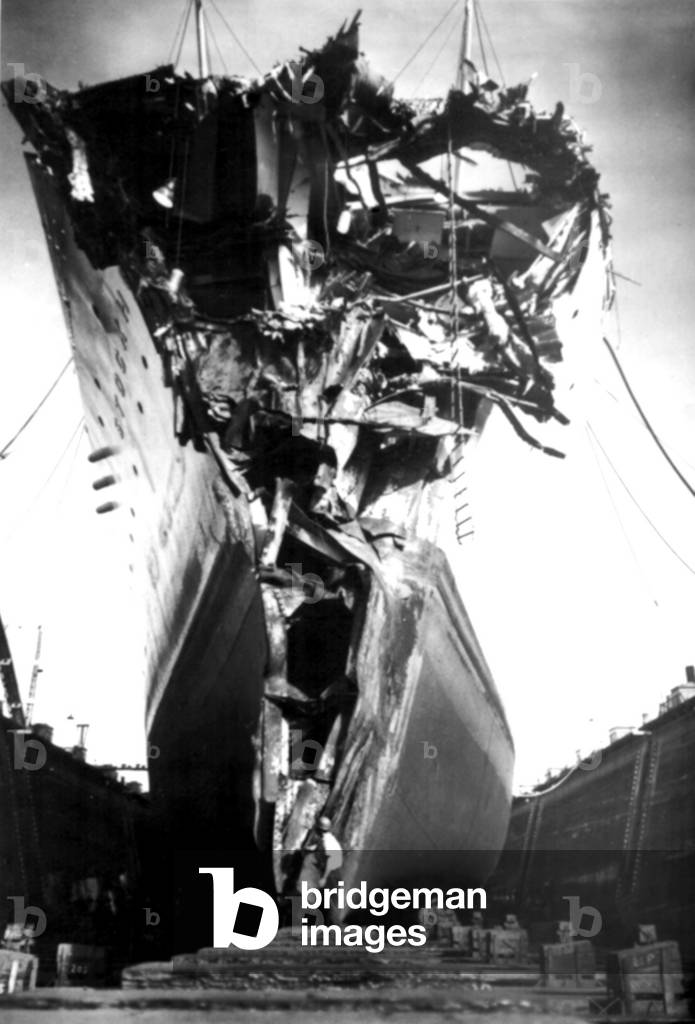 Andrea Doria Disaster. This head-on view of the mangled remnant of the bow of the Swedish ocean liner Stockholm, as it rests in drydock at Bethlehem Steel Company, Brooklyn, NY. This photo was taken on July 29, 1956, 4 days after The Stockholm collided with and sunk The Andrea Doria.