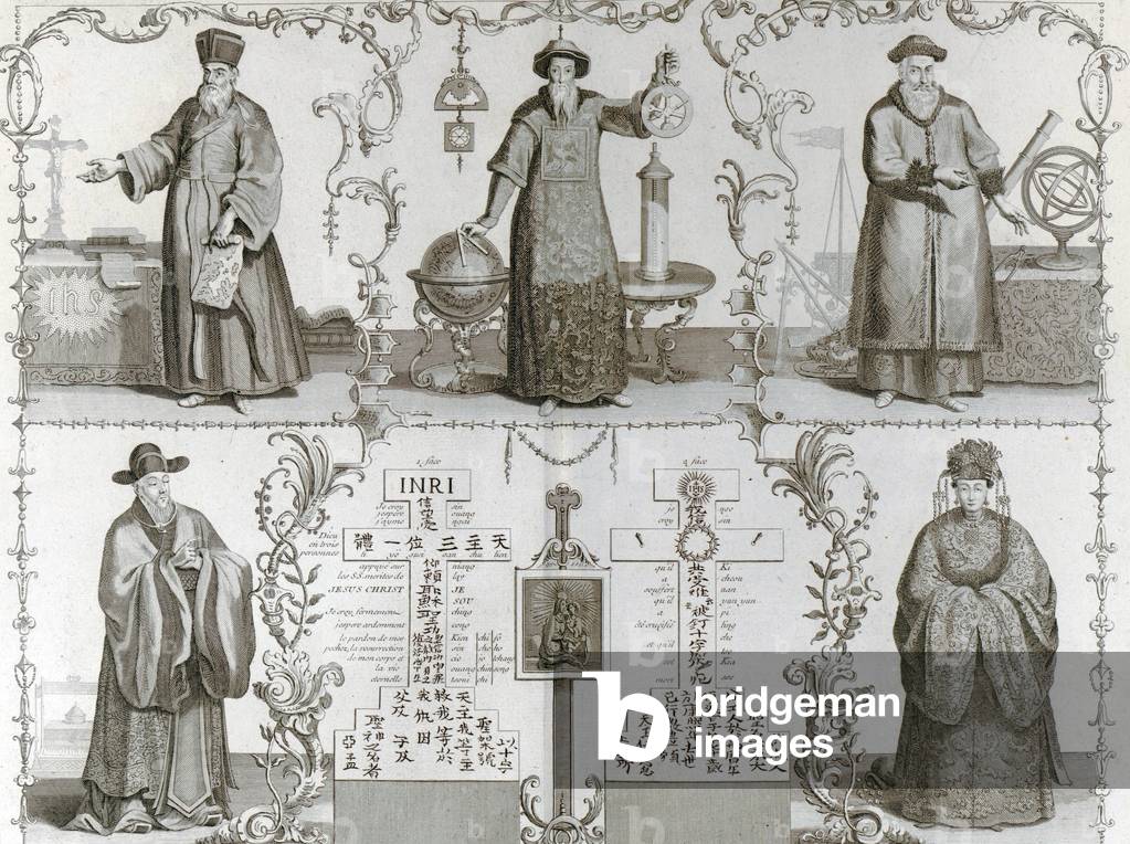 Matteo Ricci, a Jesuit missionary to China (top left) moved into Chinese society with restrait, learning the language and culture, dressing as a Chinese scholar, before he introduced Christianity to the Chinese. Here he is depicted with fellow Jesuits
