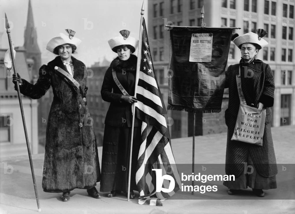 The Suffrage Hike of 1912 from Manhattan to Albany was staged to bring attention to issue of women's suffrage. Its organizer, Rosalie Gardiner Jones, poses with others in NYC to promote the hike. Photo shows women suffrage hikers Jessie Stubbs, General Rosalie Jones, and Colonel Ida Craft
