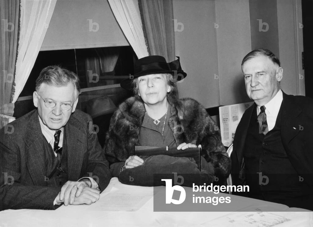 Alice Roosevelt Longworth was one of the 800,000 members of the American First Committee. At an AFC meeting, R-L: John Thomas Flynn, journalist; Alice Roosevelt Longworth; and Gen. Robert Elkington Wood, financial backer. November 12, 1940