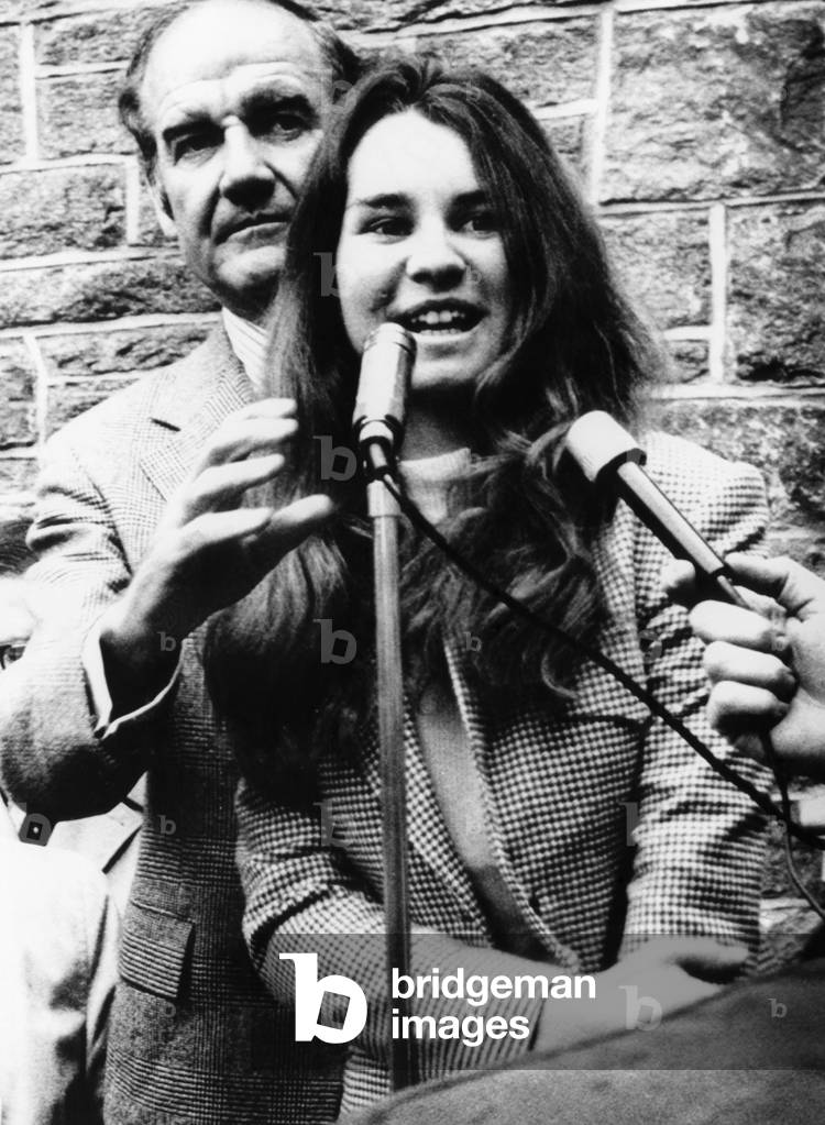Senator George McGovern, Kathleen Kennedy, at a rally for McGovern's presidential campaign, at the Chester Court House in Chester, Pennsylvania, April 24, 1972.