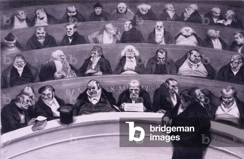 Honore Daumier (1808-1879), satirical print of members of the French legislature in session, 1834. The previous year, 1833, the French government imprisoned Daumier for six months in retaliation for his caricatures of King Louis-Phillippe