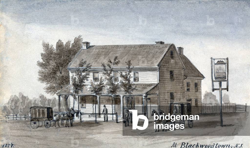A tavern with horse-drawn carriages at Blackwoodtown, N.J. Watercolor by Augustus Kollner. 1851