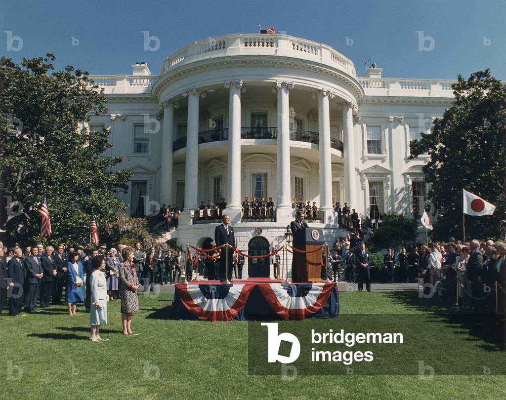 President Reagan making remarks at the White House during the state visit of Japanese Prime Minister Nakasone. Apr. 30 1987