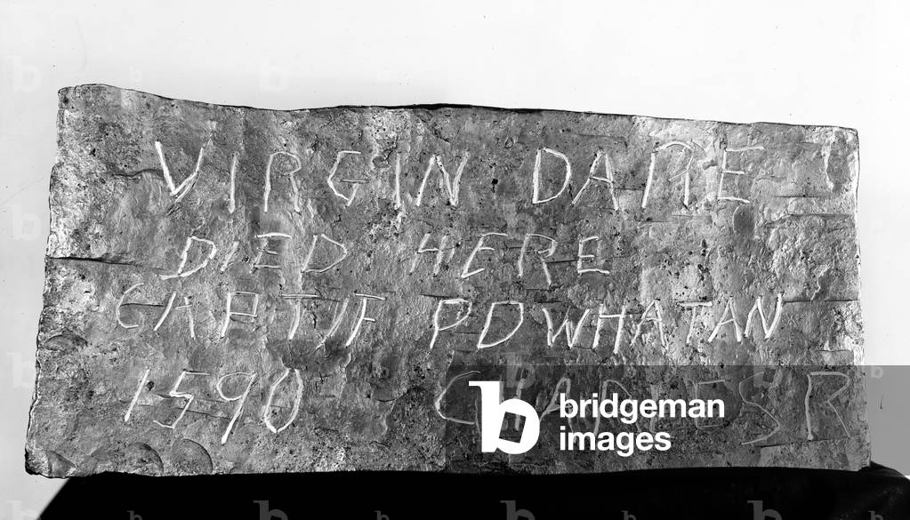 The grave marker of Virginia Dare, the first European Christian born in America on August 18, 1587. Photograph, January 5, 1924