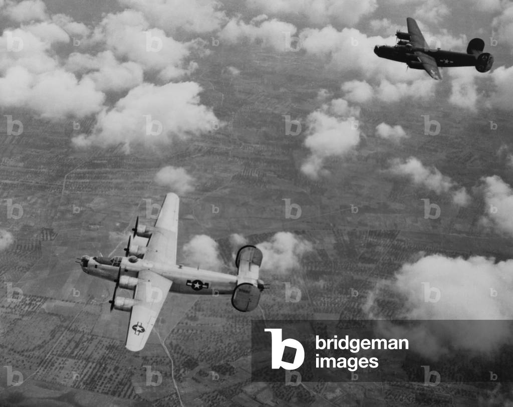 U.S. Air Force Consolidated B-24 Liberators, medium bombers, in flight over Italy. c. 1943-44. World War 2