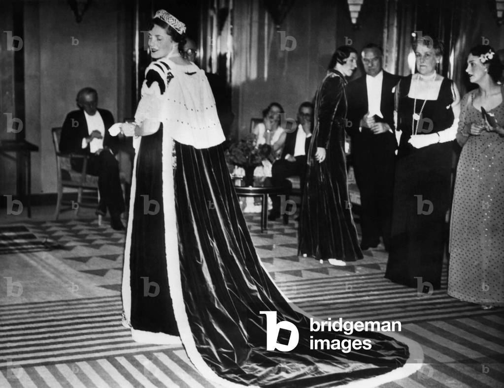 A Reville robe and dress of velvet, trimmed with ermine, to be worn by peeresses at the Coronation of Edward VIII, 1936