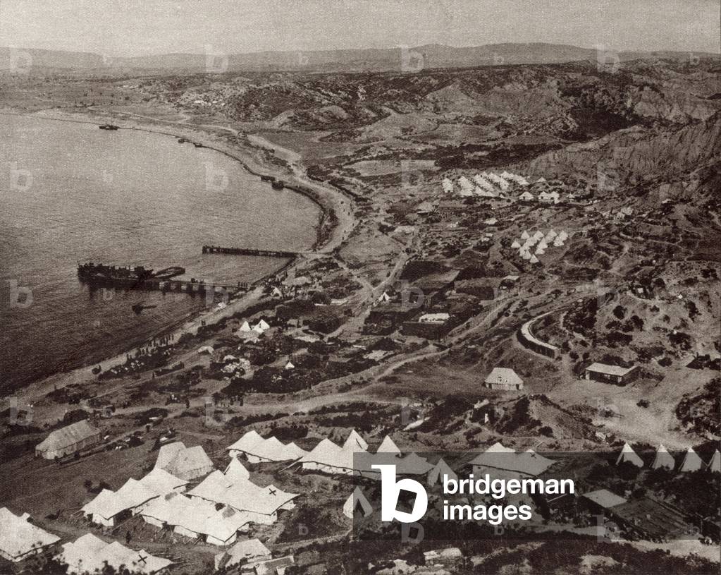 World War 1. Crescent-shaped beach at Gallipoli with the British encampment on the southern tip of the Gallipoli Peninsula during the Dardanelles campaign. View toward the north. 1915
