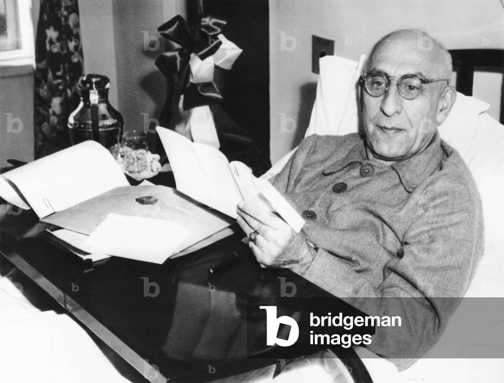 Iranian premier Mohammed Mossadegh in his suite at New York Hospital, Oct. 12, 1951. The 69 year old leader rested before pleading Iran's case against Britain for refusing to negotiate terms for the legitimate Iranian nationalization of the Anglo Iranian Oil Company refineries