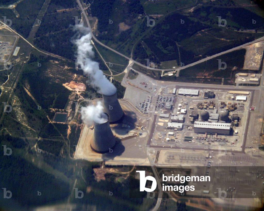 Three Misle Island. Satellite view of Three Three Mile Island nuclear power plant. TMI-2, the undamaged reactor, continued to generate power for two decades after the accident. Middletown, Pennsylvania, 1999