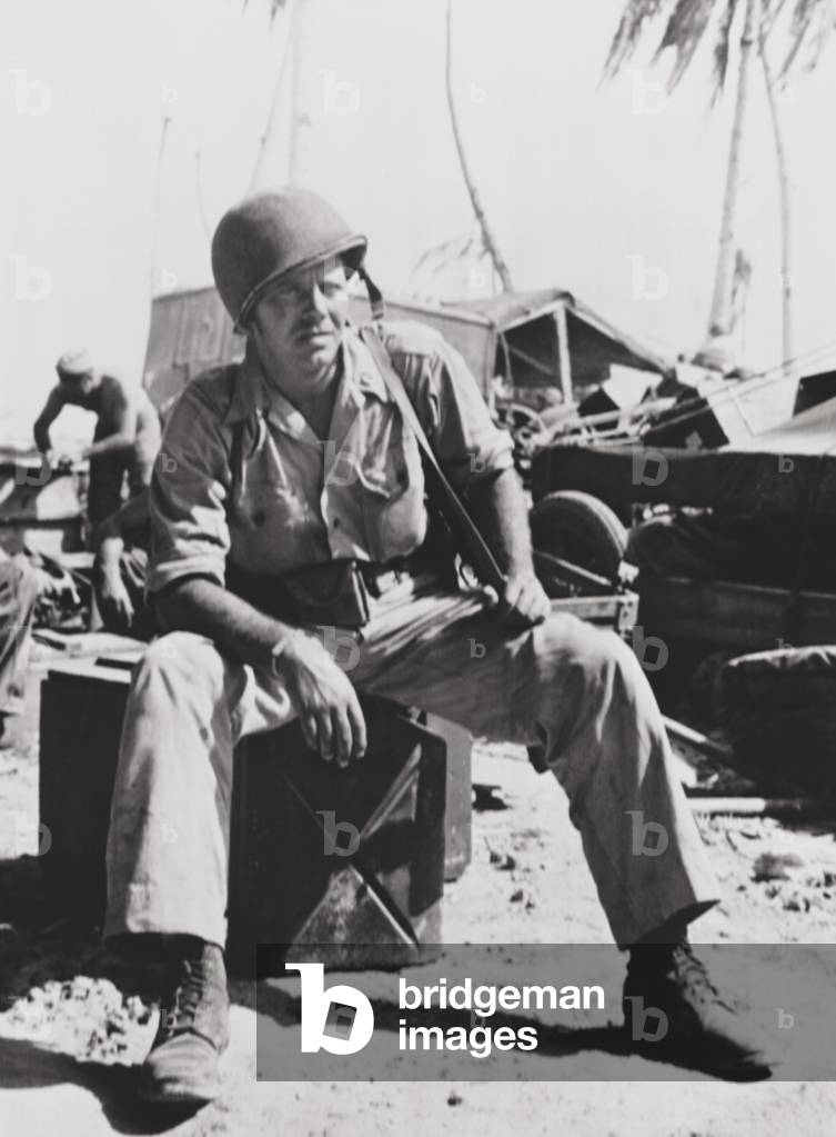U.S. Marine Captain Louis Hayward on Tarawa. He commanded a photographic unit that filmed the a documentary titled 'With the Marines at Tarawa', which won the 1944 Academy Award for Best Documentary (Short Subject). At this time he was married to Ida Lupino. Dec. 6, 1943. World War 2