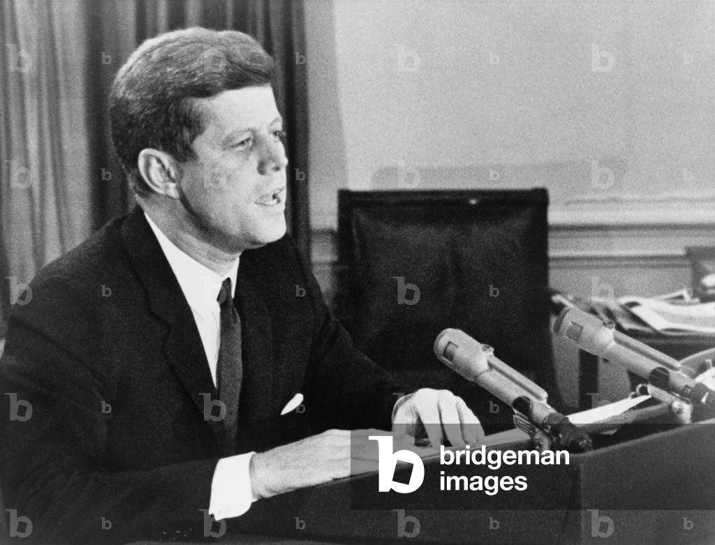 President John F. Kennedy announcing the US establishment of a naval blockade against Cuba, during the Missile Crisis. Oct. 22, 1962