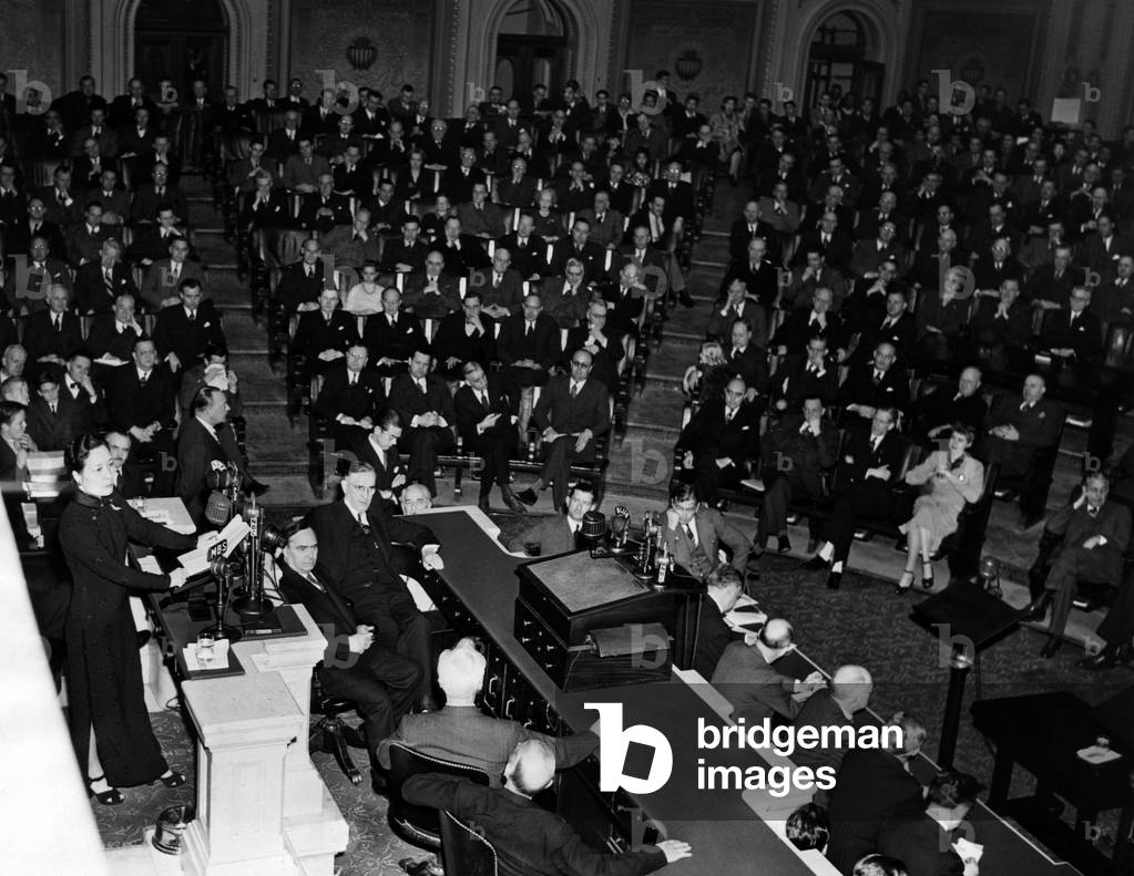 Madame Chiang Kai-Shek addresses the U.S. Chamber of Commerce in a plea for more aid for China, Washington, D.C., February 18, 1943.