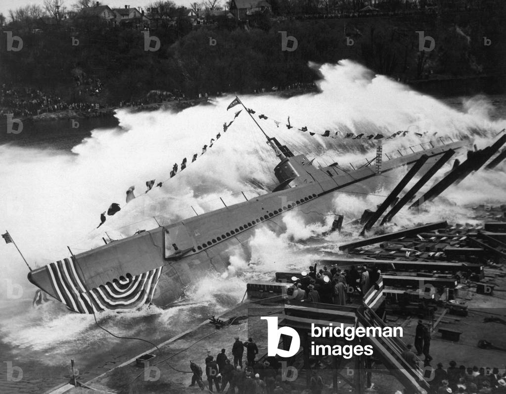 Launching of the submarine, the USS Robalo, at Manitowoc, Wisconsin, May 9, 1943. She was sunk on her third World War 2 patrol in Palawan Island, Philippines, on July 22, 1944