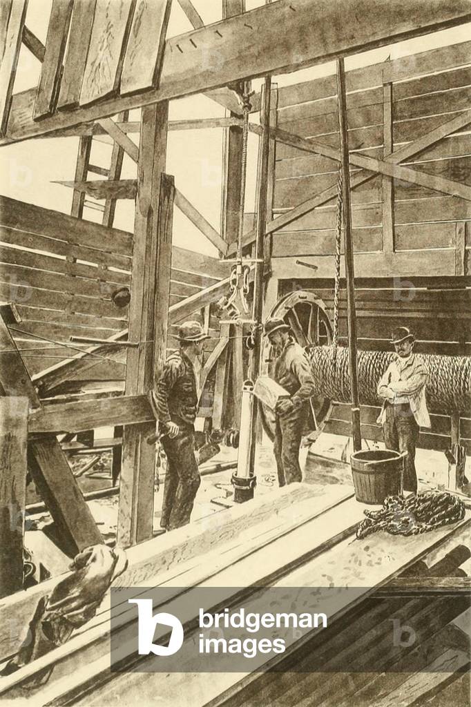 Filling the torpedo shell prior to shooting the oil well. Nitroglycerine torpedoes were lowered into completed wells and then exploded, creating a local earthquake that broke up the rock allowing the oil to flow more freely, often causing gushers. c. 1880