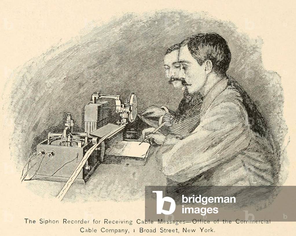 Men working at a Siphon recorder for receiving cable messages in the Office of the Commercial Cable Company, at Broad Street, New York. It automatically recorded the telegraph message as a wiggling ink line on a roll of paper tape, for a trained reader to de-code into readable text