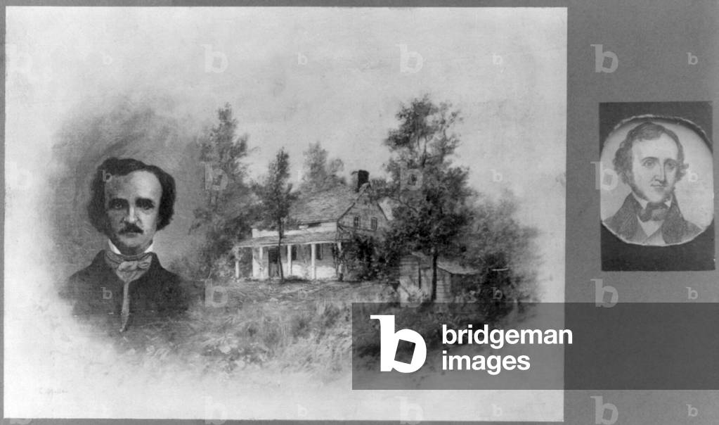 Edgar Allan Poe, (1809-1849), Composite of head-and-shoulders portrait of Edgar Allan Poe and Fordham House, New York, November 21, 1908