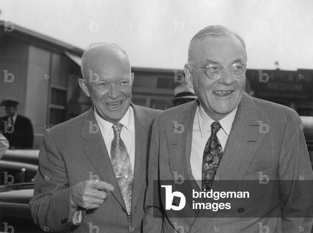 President Eisenhower with Secretary of State John Foster Dulles at Washington Airport. The President was seeing Dulles off for European Trip. July 25, 1958.
