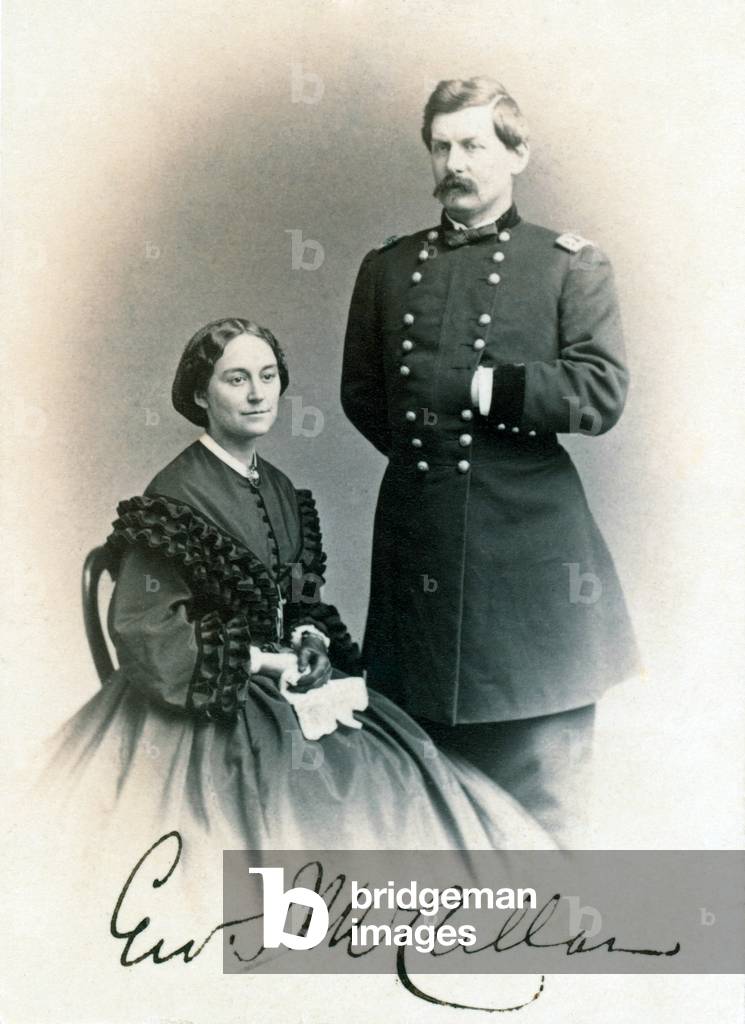 General George B. McClellan and his wife, Ellen Mary Marcy. Carte de visite signed by Gen. McClellan, 1862