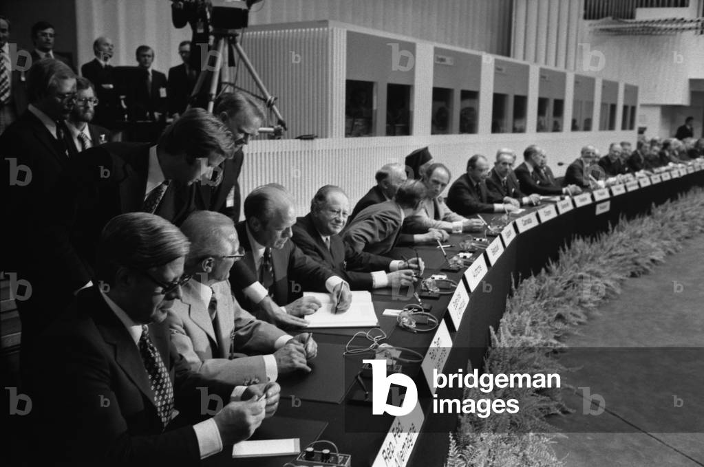 President Ford signs the Helsinki Accords with 35 other European leaders to improve relations between the Communist bloc and the West. The Accords human rights and freedoms clauses encouraged liberalism in the Soviet Bloc. August 1 1975