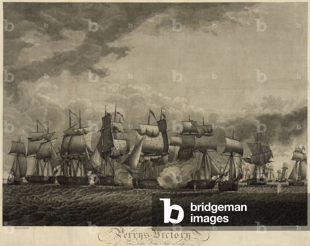 Battle of Lake Erie. American and British battleships in close quarters on Lake Erie engaged in battle September 10 1813