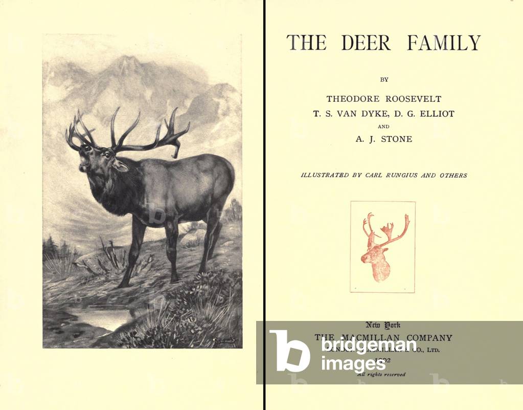 THE DEER FAMILY was first published in 1902 by Theodore Roosevelt and other contributors. Image shows the frontispiece and title page of the 1902 edition by the Macmillan Company