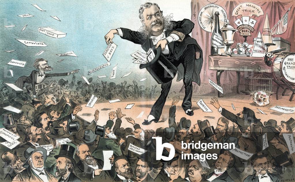 'A presidential conjuror'. Chester Arthur, on stage, throwing out titles of political offices, 'soft soap,' 'promises,' etc., to crowd of men. color lithopgraph, 1881