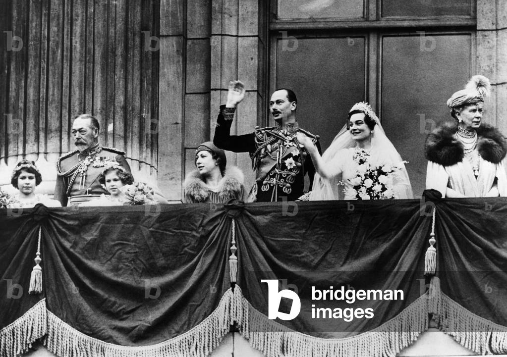 British Royal Family. From left: Future Queen of England Princess Elizabeth, King George V of England, Future Countess of Snowdon Princess Margaret, Mary, Princess Royal and Countess of Harewood, Prince Henry, Duke of Gloucester, Princess Alice, Duchess of Gloucester, Queen Mary of Teck, Buckingham Palace, London, England, November 6, 1935