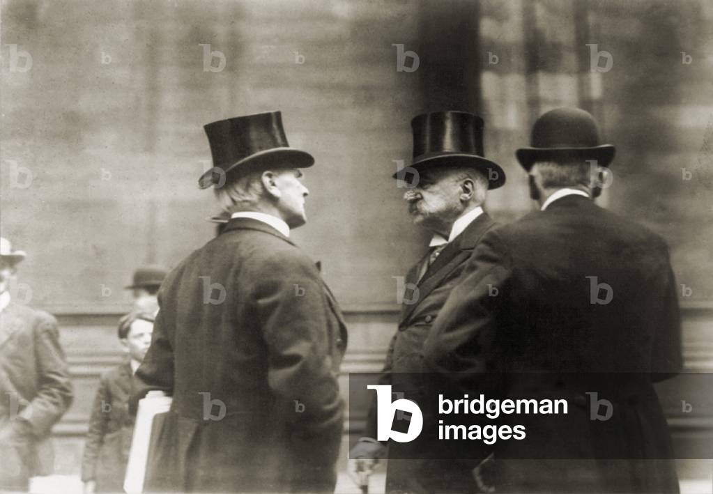John Pierpont Morgan (1837-1913), American financier, with two associates in 1907