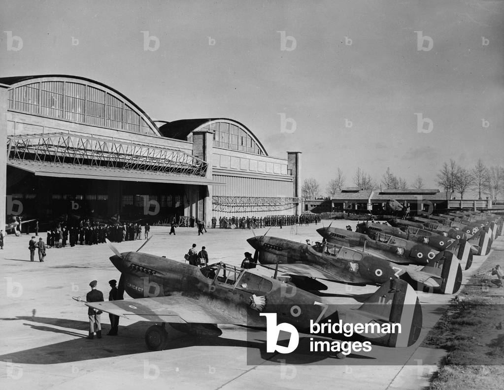 World War II, original caption: 'Line-up of 13 P-40 United States Warhawks which Americans recently presented to the Fighting French air forces at an airport in North Africa on behalf of the people of the United States', c.1943