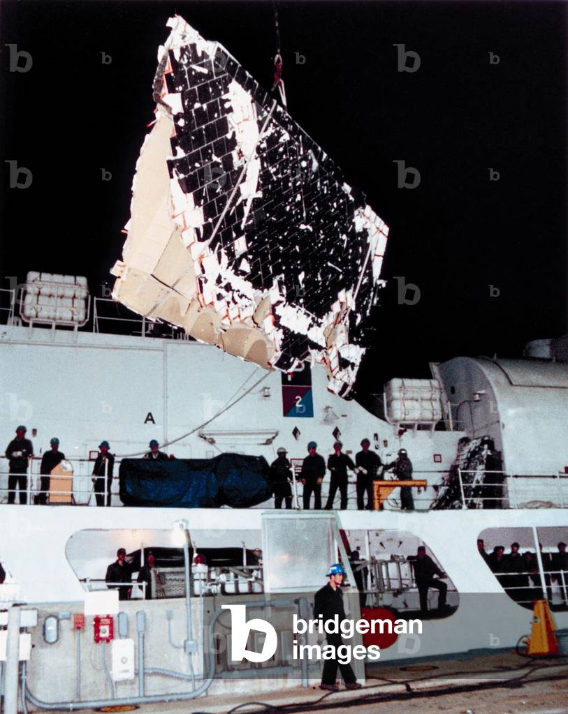 Space shuttle Challenger disaster. Recovery teams retrieved pieces of the Challenger from the Atlantic Ocean. Jan. 30, 1986