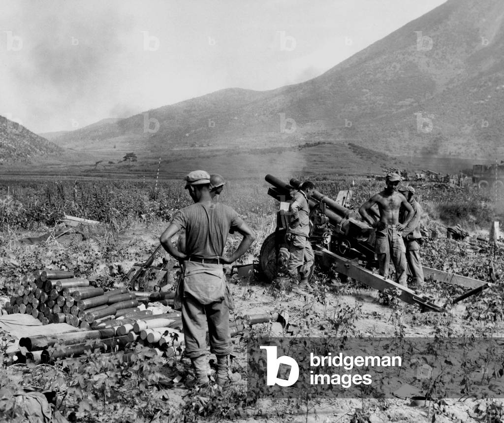 U.S. Marine artillery softens up North Koreans for Marine infantrymen, who are commencing Second Battle of the Naktong River, Sept. 3, 1950. Battle of Pusan Perimeter. Korean War, 1950-53