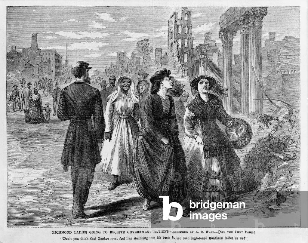 The Civil War. Southern ladies walk by Union soldier and ruins of Richmond going to receive government rations