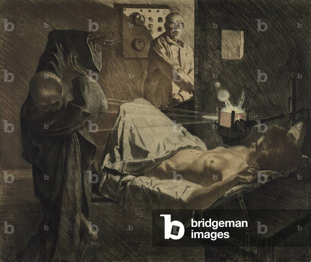 THE PHYSICIAN OF THE X-RAYS, depicts a physician using x-rays to repel Death, a skeleton wearing a shroud, as it approaches a nude young woman on an operating table. c. 1930 print by Austrian artist, Ivo Saliger (1894-1987)