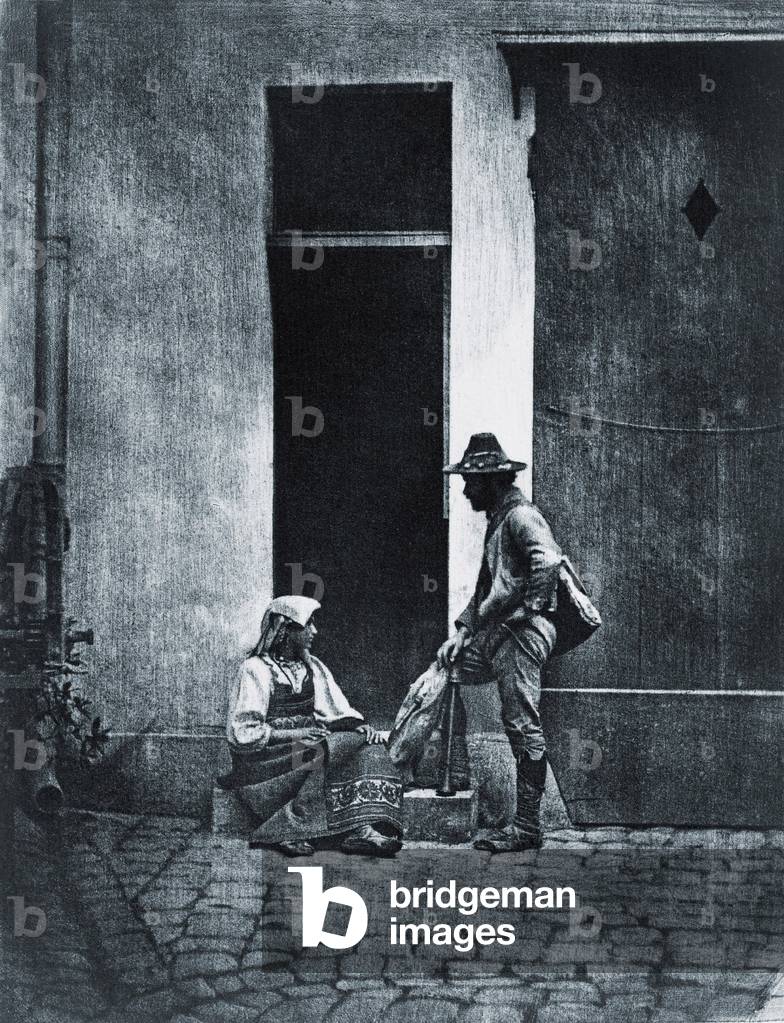 Early heliogravure photo by Frenchman Charles Negre, of a fife player talking to Italian peasant women, seated in courtyard in Paris. c. 1855