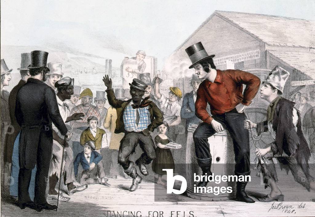 Dancing for eels, was a scene from an 1848 play, NEW YORK AS IT IS, whose main character is Mose, a fireman (sitting on barrel in top hat). The dancing African America is one of the play's street characters from the lower class neighborhoods of New York