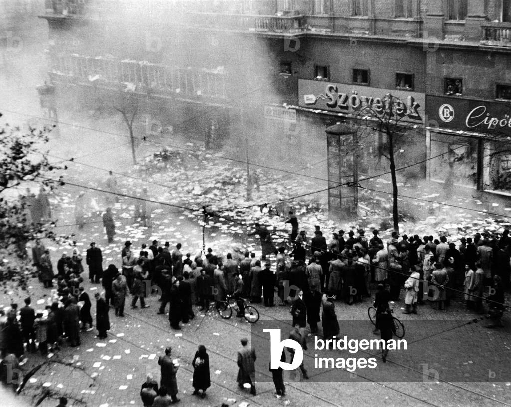 The 1956 Hungarian Uprising. Hungarian rebels destroy a Soviet bookstore in Budapest. Oct. 23-Nov 4, 1956