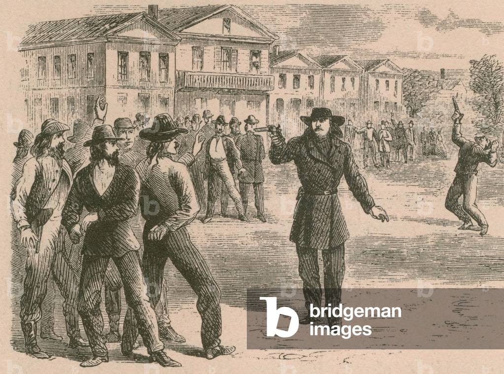 Wild Bill Hickok was a gunfighter lawman in frontier territories of Kansas and Nebraska. Wood engraving, c. 1870