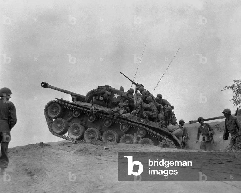 Soldiers on a M-26 tank await an North Korean attempt to cross the Naktong River. Sept. 3, 1950. Second Battle of the Naktong River, part of the Battle of Pusan Perimeter. Korean War, 1950-53