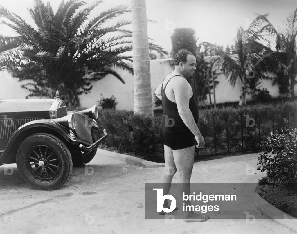 Chicago gangster Al Capone wearing a bathing suit at his Florida home. c. 1929-31.