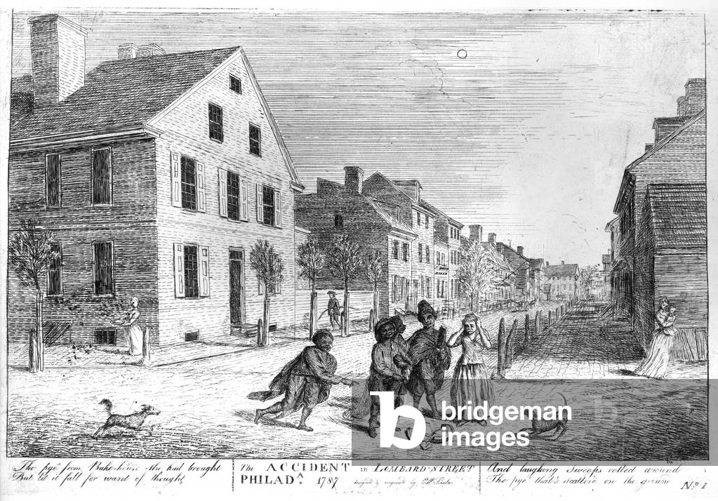 The accident in Lombard Street, Philadelphia, Chimney sweeps laughing at a girl who has dropped a pie on the street. The artist's residence and studio appear at left, by Charles Willson Peale, 1787