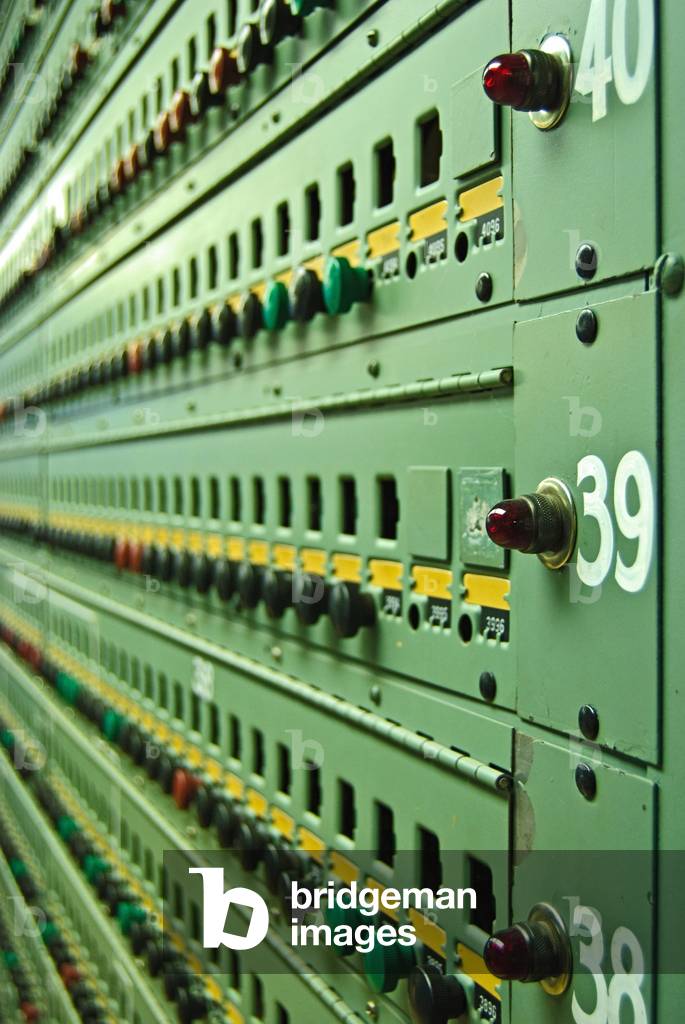 Close-up of switches in the control room of Reactor B, the first large scale nuclear reactor ever built. Photo from the Hanford Site of the Manhattan Project, c. 1942-44