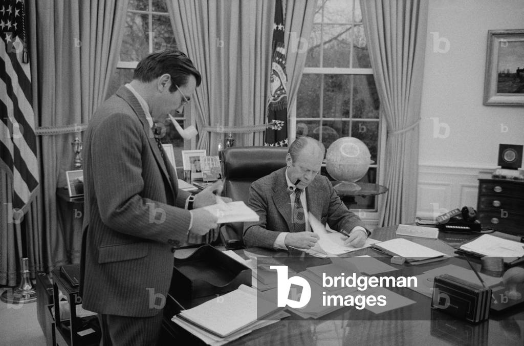President Gerald Ford meeting with his Chief of Staff, Donald Rumsfeld. Feb. 6, 1975