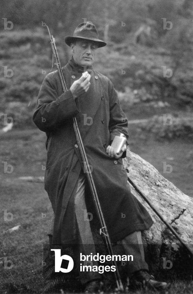 Franklin D. Roosevelt with fishing gear on the Blackwater River in Scotland. Aug. 30, 1918. As Asst. Navy Secretary, he was on a WW1 tour of U.S. Navy facilities in Europe